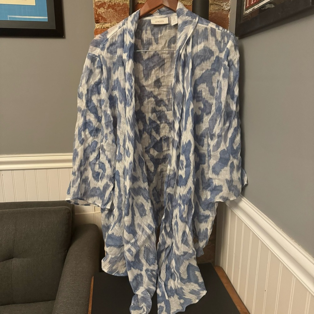 Chico's Linen Wrap Tie Top Blue White Open Front Shawl Size Chico’s 2 (Large)